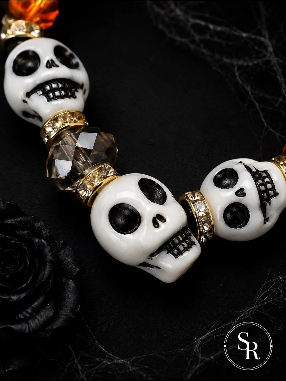 Halloween Skull Stretch Bracelet Orange Black Faceted Beads NWT 7”